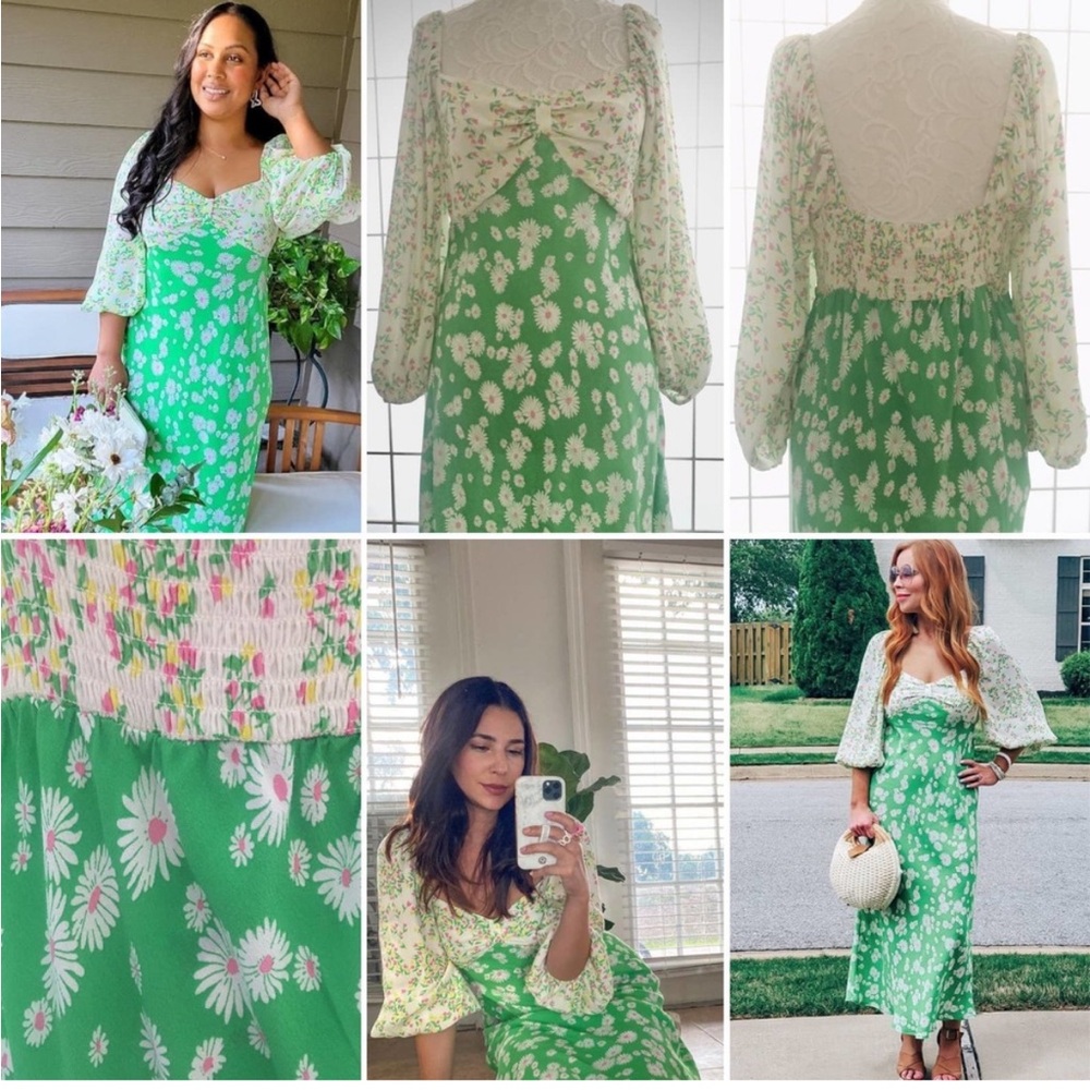 RIXO Daisy Long Puff Sleeve Swing Women’s Green Floral Maxi Dress Plus Size 16 - Picture 15 of 15